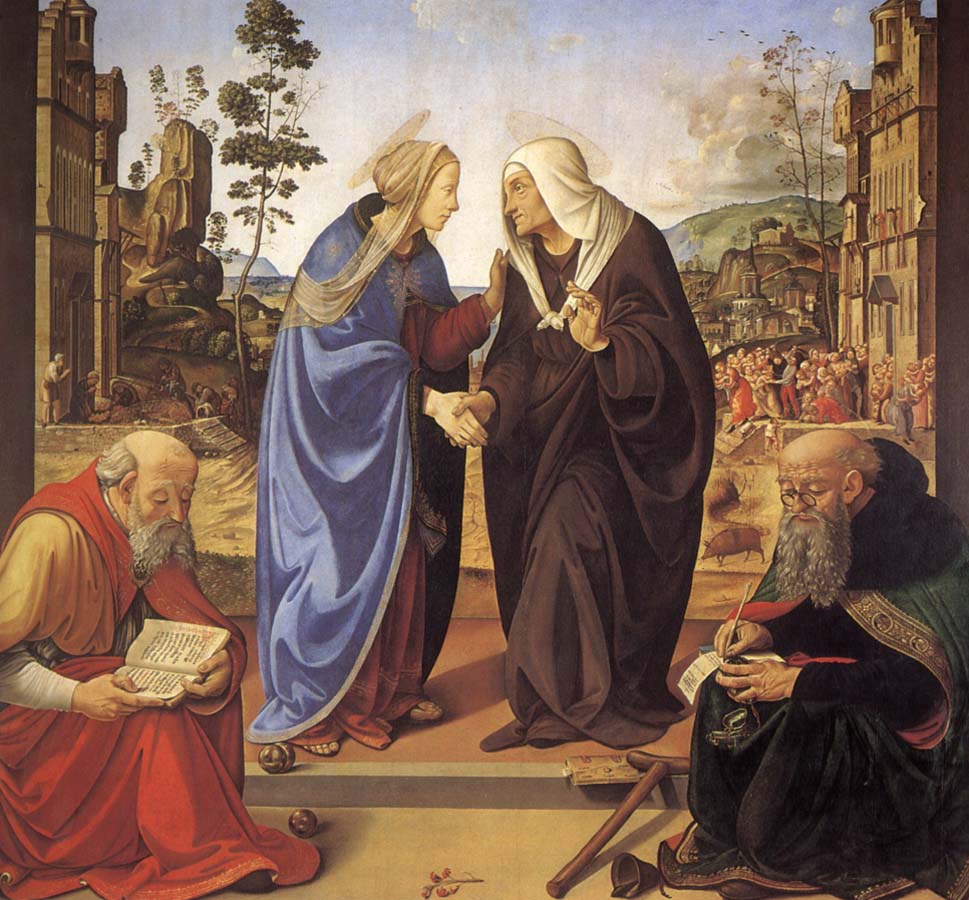 Piero di Cosimo Virgin Marie besokelse with St. Nicholas and St. Antonius